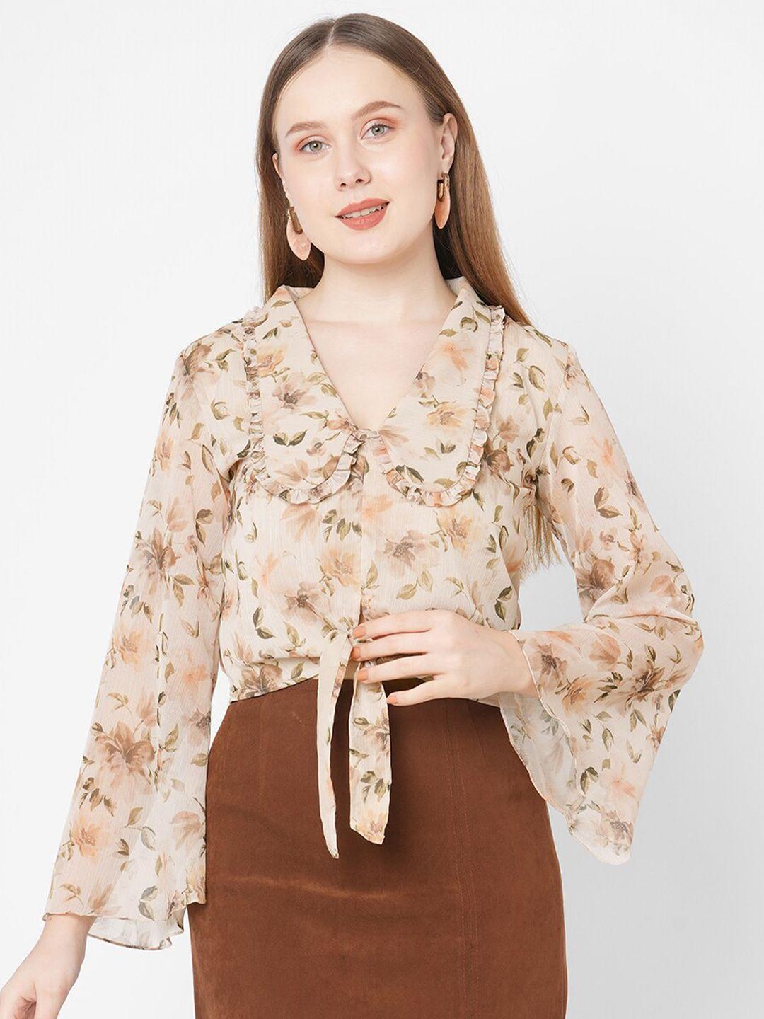 mish women beige floral print tie-up neck chiffon longline top