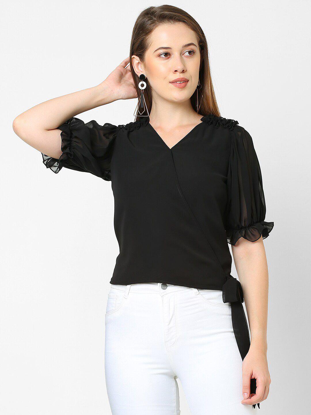 mish women black ruffles georgette wrap top