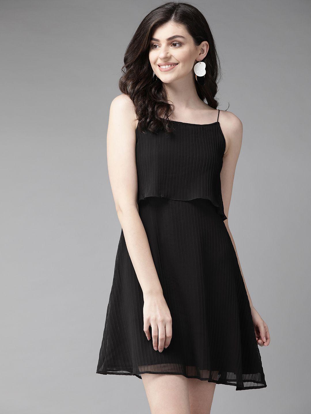 mish women black solid accordion pleated layered a-line dress