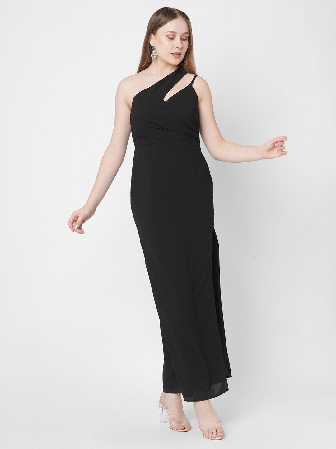 mish women black solid one shoulder georgette maxi dress