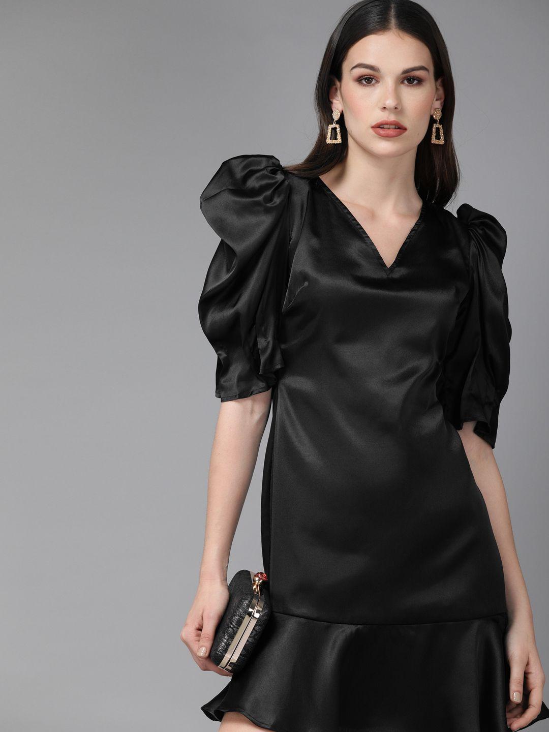 mish women black solid puffed sleeve drop-waist dress