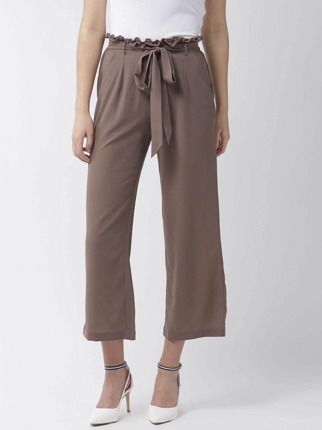 mish women brown comfort flared solid cropped parallel trousers