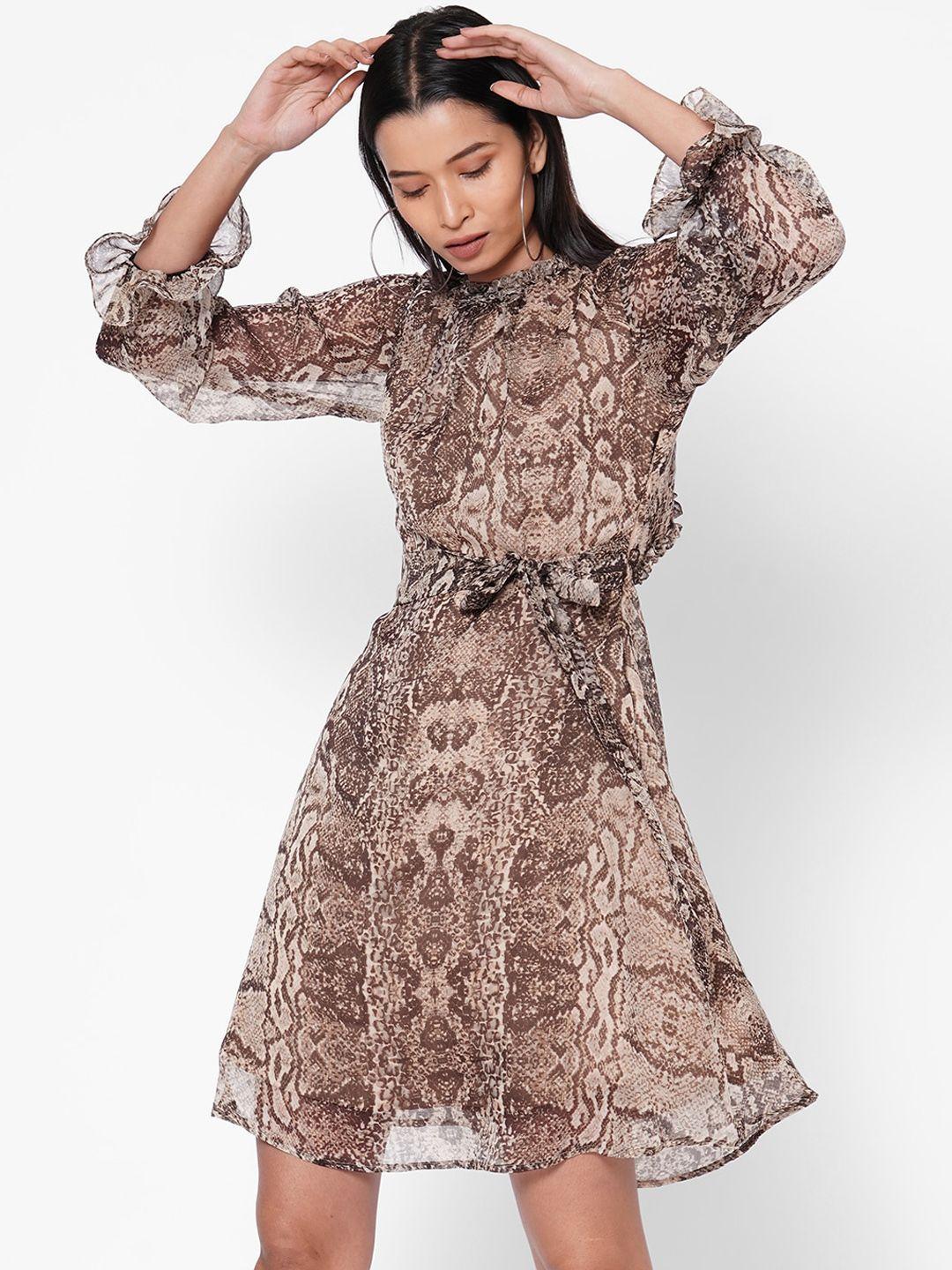 mish women brown printed fit and flare dress