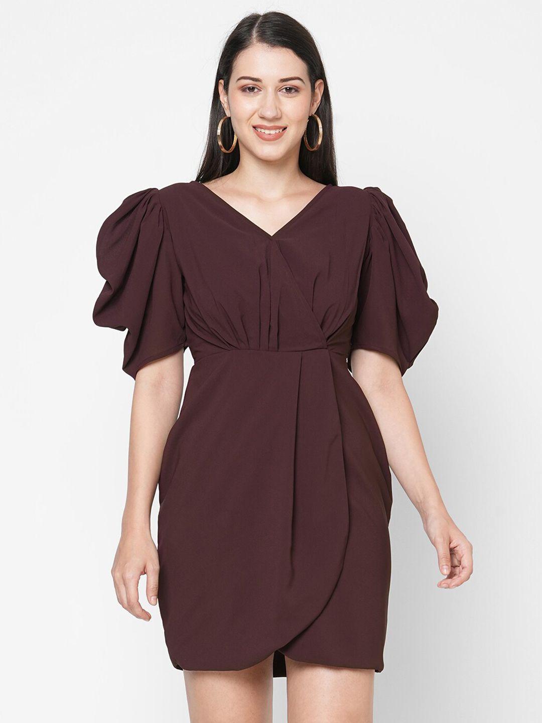 mish women brown solid puff sleeves wrap dress