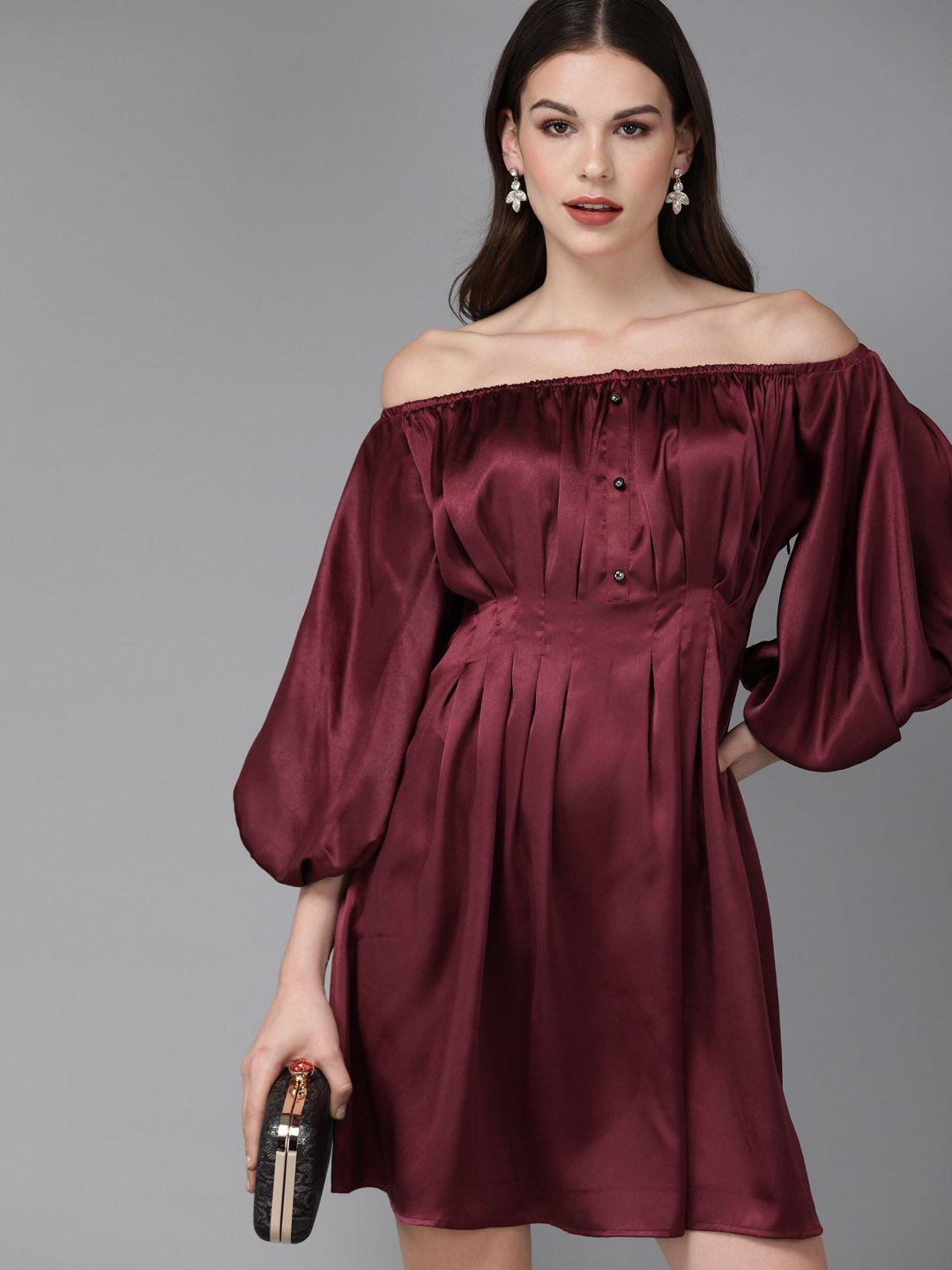 mish women burgundy solid off-shoulder pleated fit and flare dress