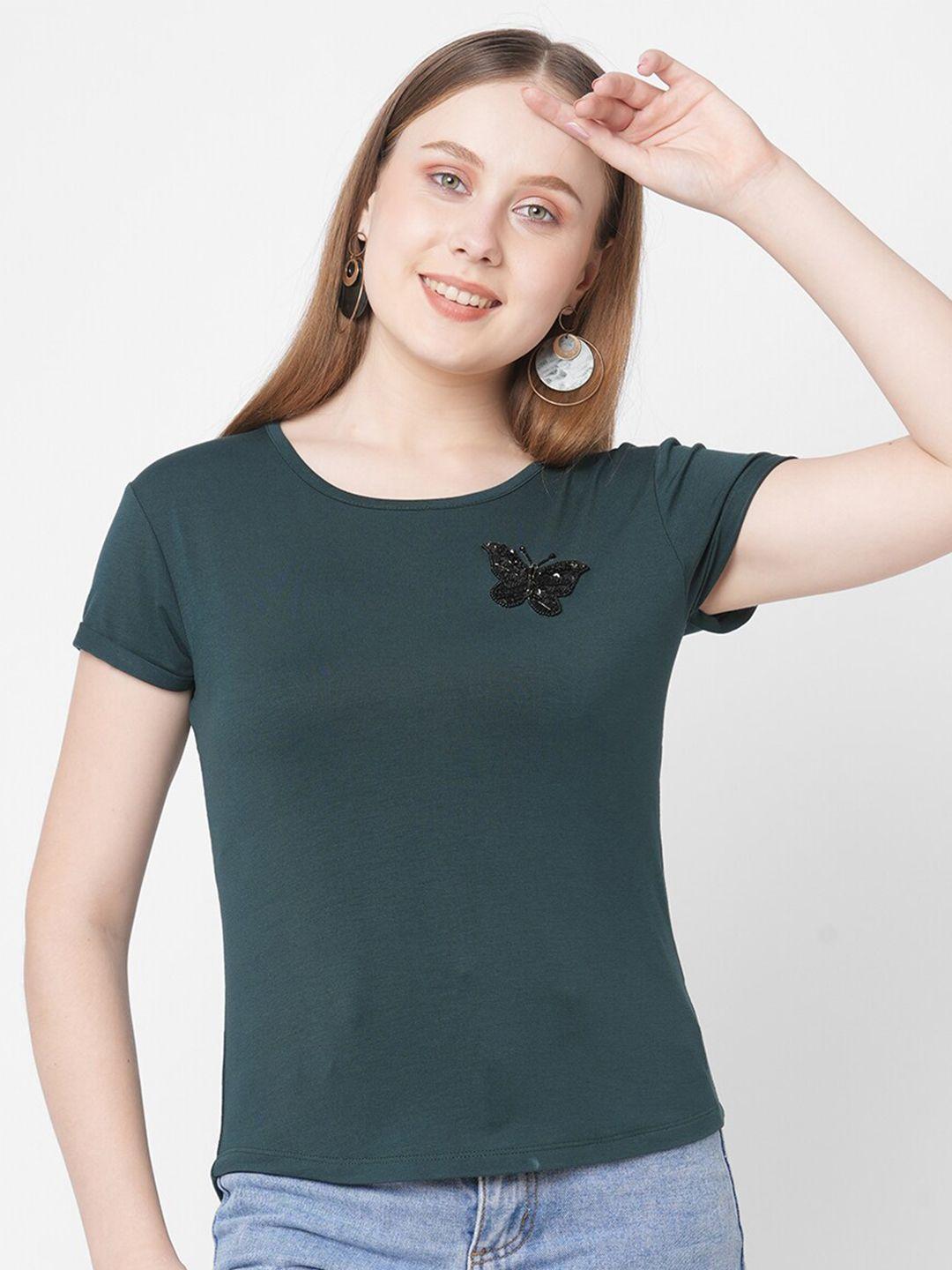 mish women green solid t-shirt