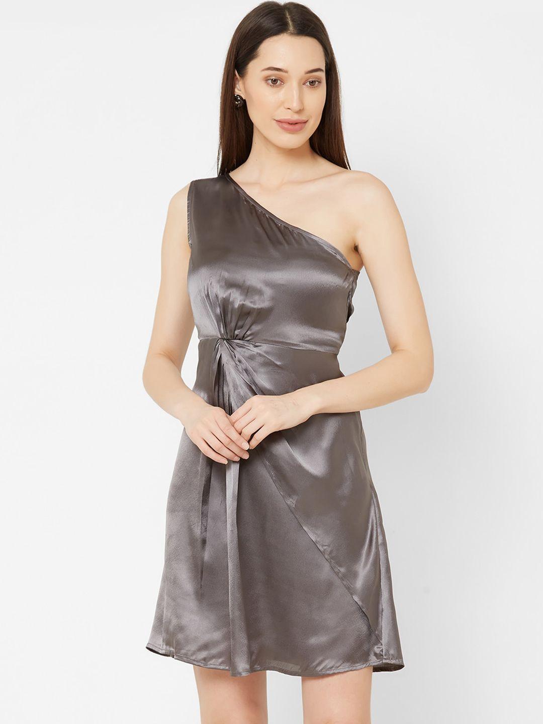 mish women grey solid satin fit and flare dress