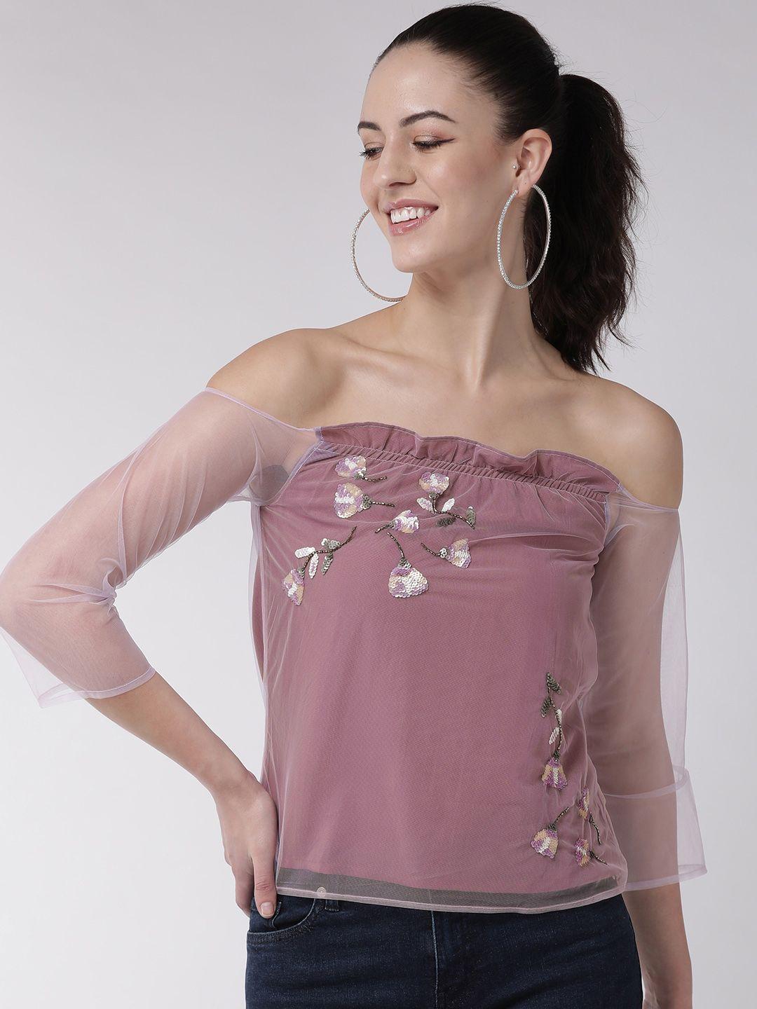 mish women lavender net off-shoulder embellished top
