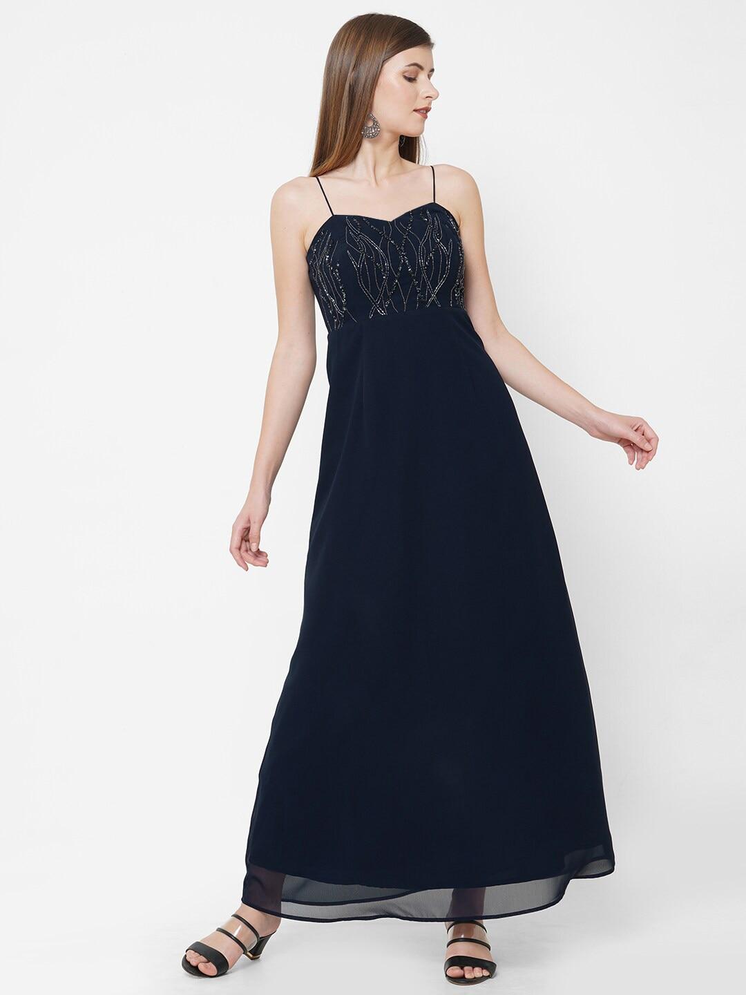 mish women navy blue & silver-toned embellished georgette maxi dress