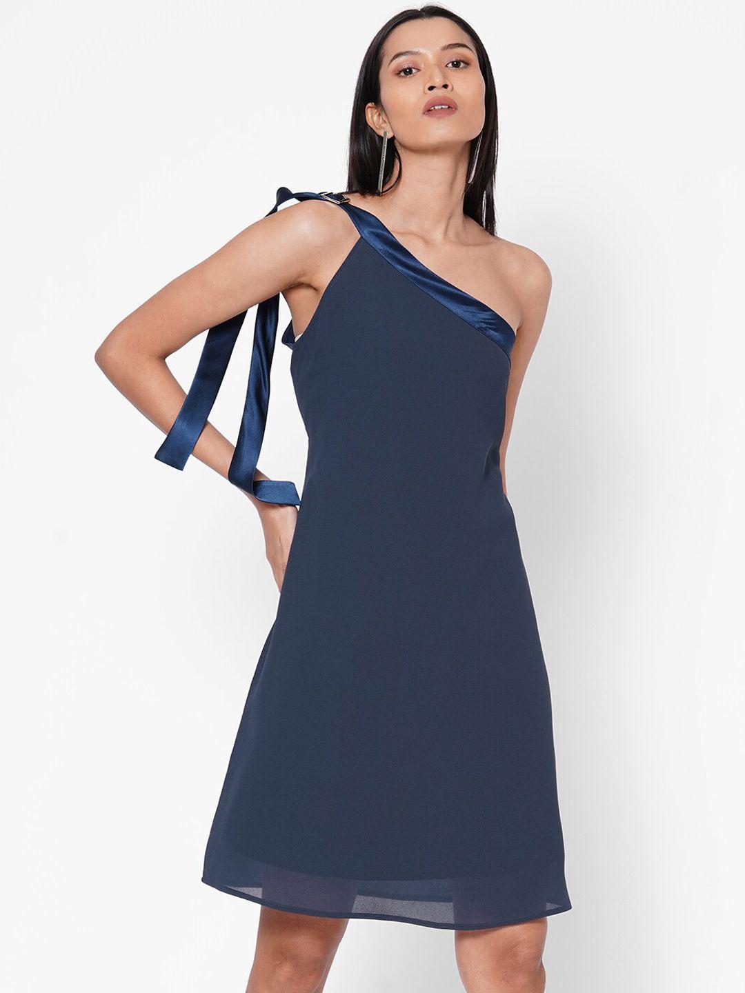 mish women navy blue solid a-line dress