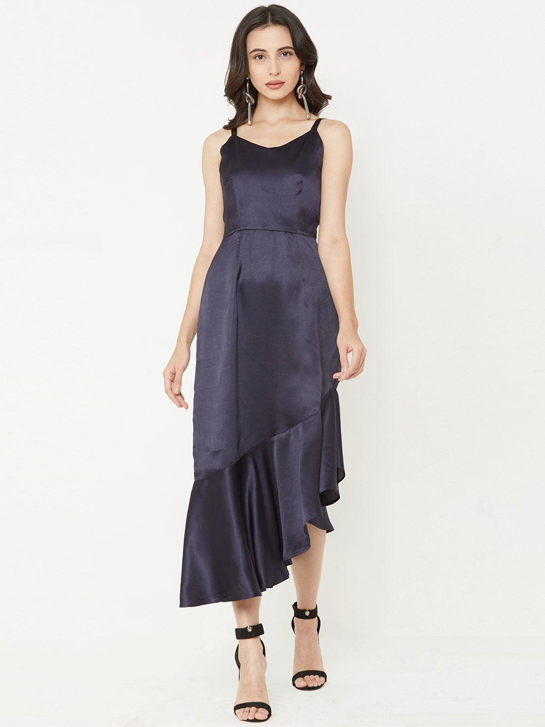 mish women navy blue solid fit and flare dress