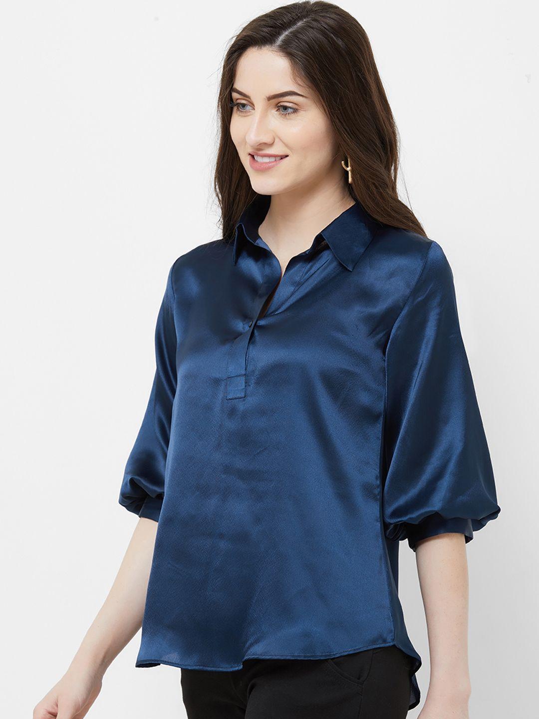 mish women navy blue solid shirt style top