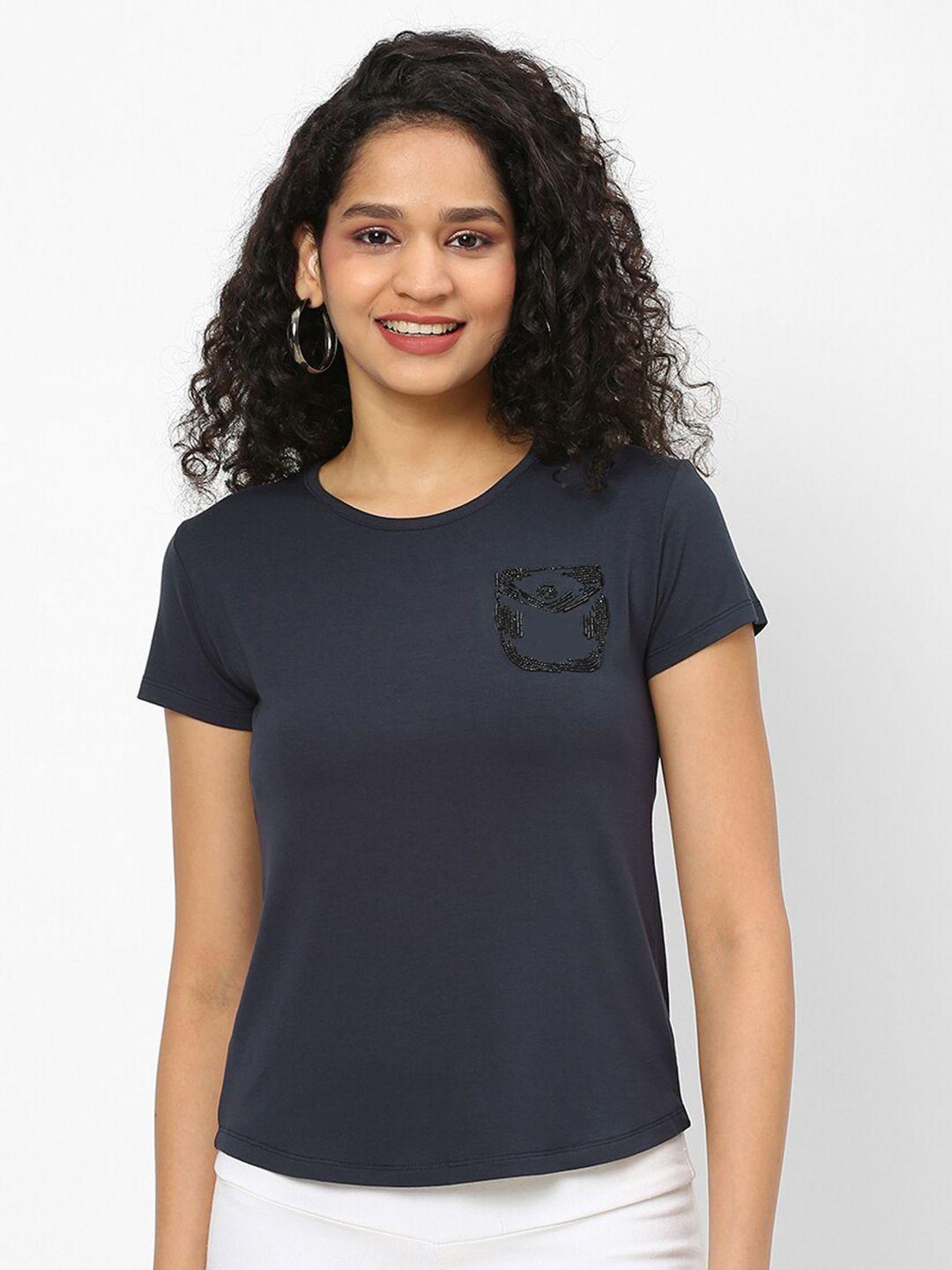 mish women navy blue solid t-shirt