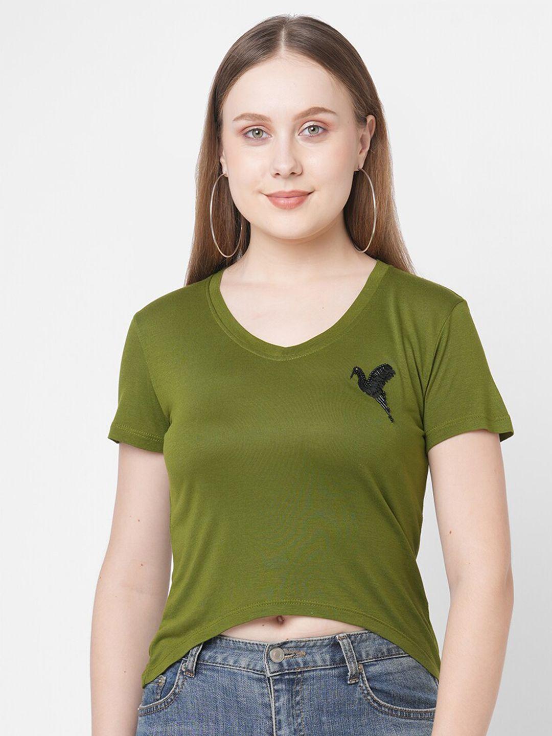 mish women olive green solid t-shirt