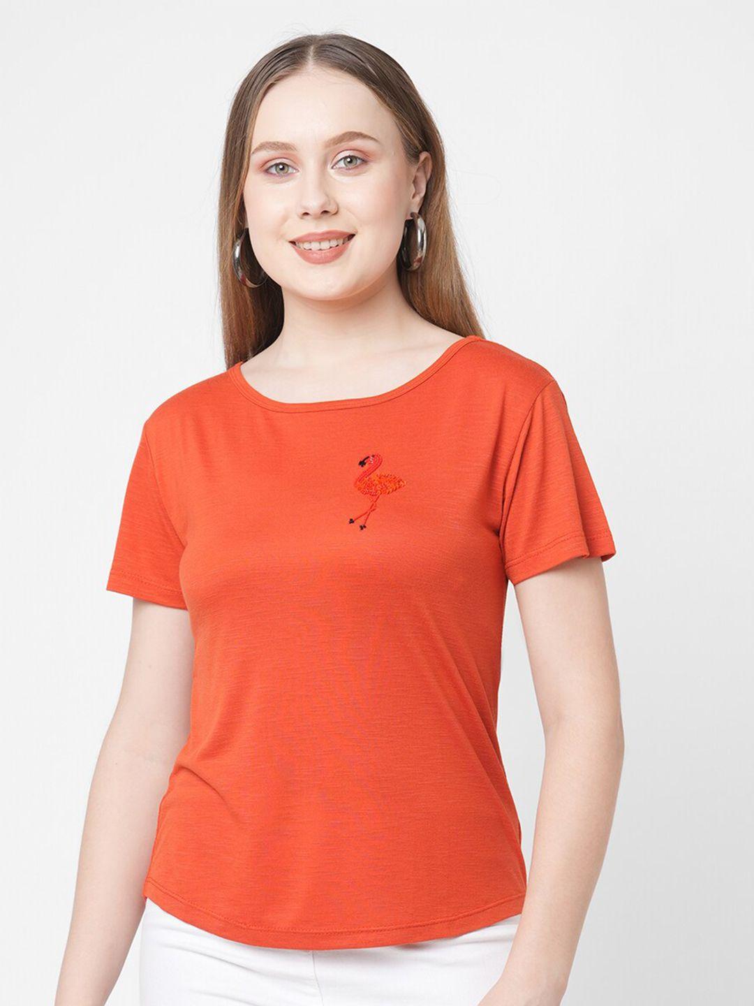 mish women orange round neck regular fit t-shirt