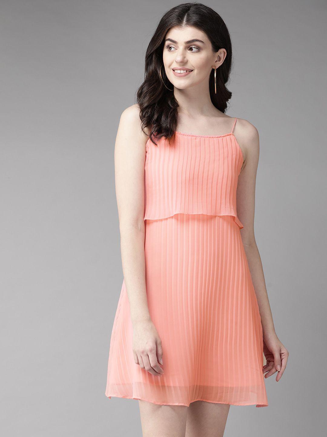 mish women peach-coloured solid accordion pleats a-line dress