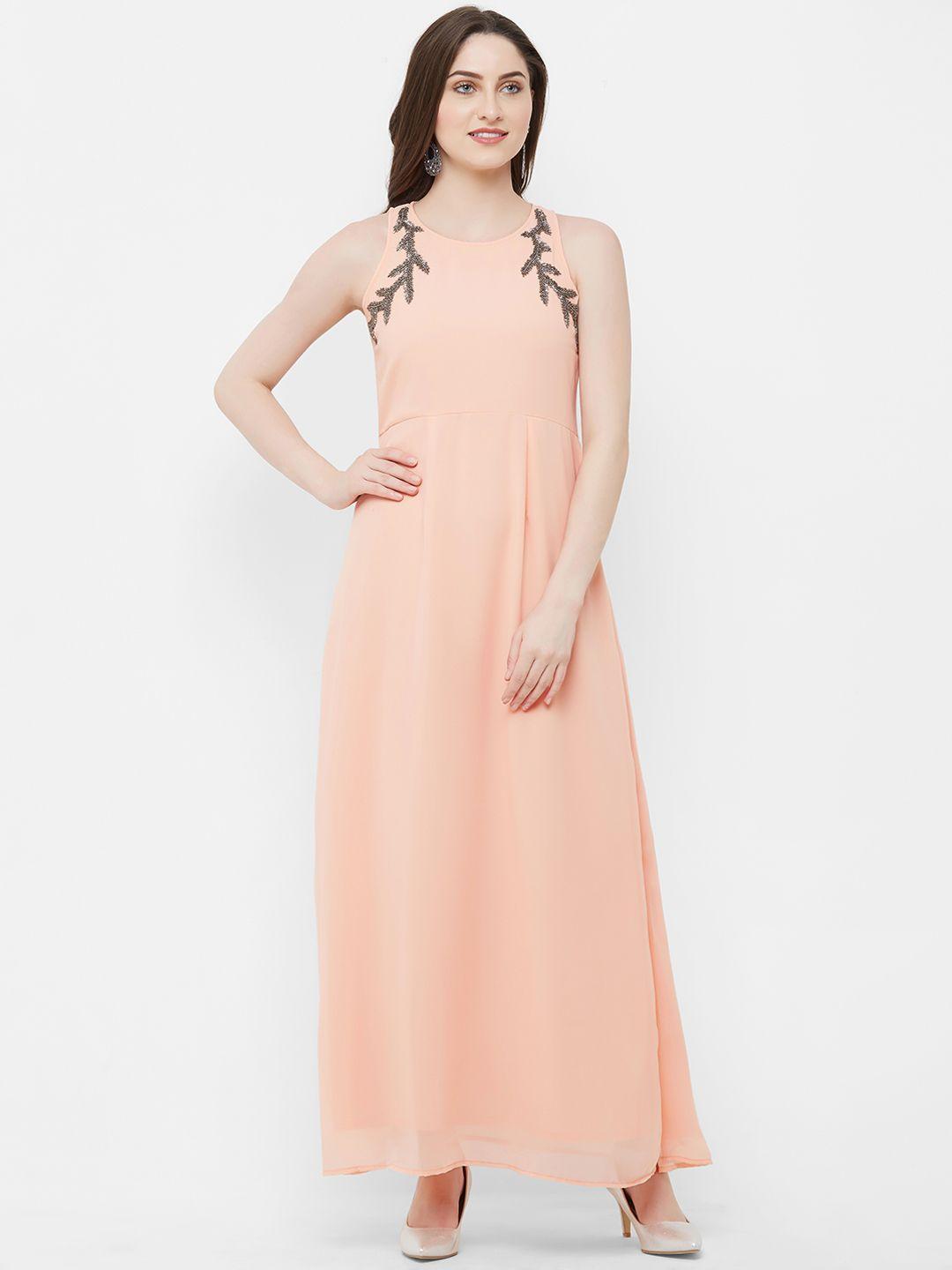 mish women peach-coloured solid embellished maxi dress
