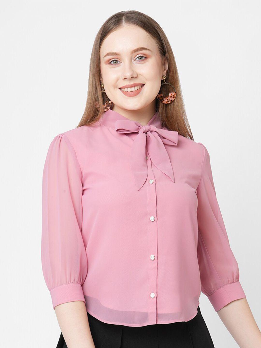 mish women pink tie-up neck georgette shirt style top