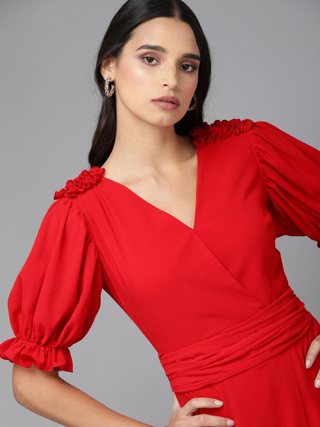 mish women red solid puffed sleeve wrap dress with ruffles