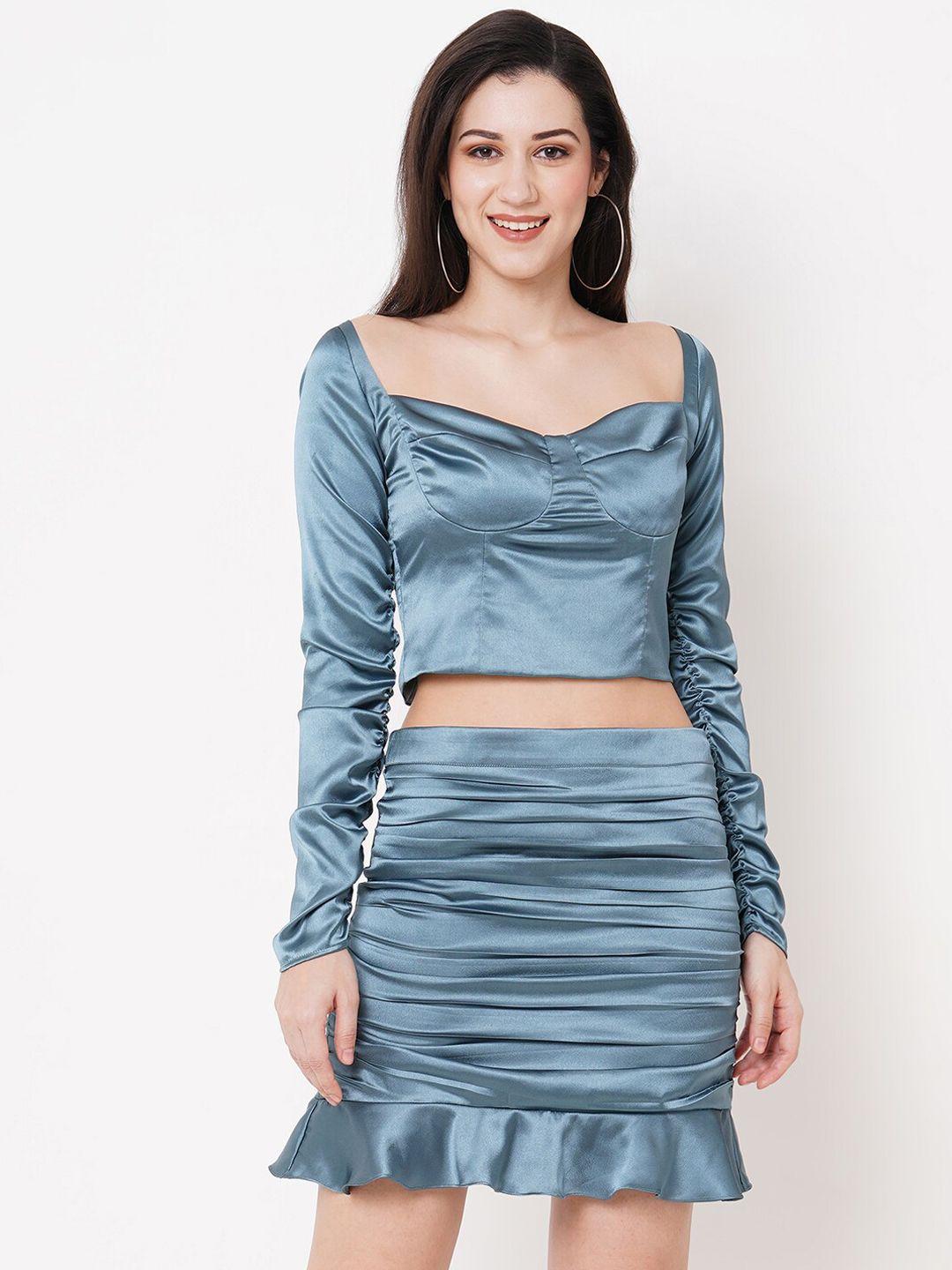 mish women ruched satin crop-top & skirt co-ords set