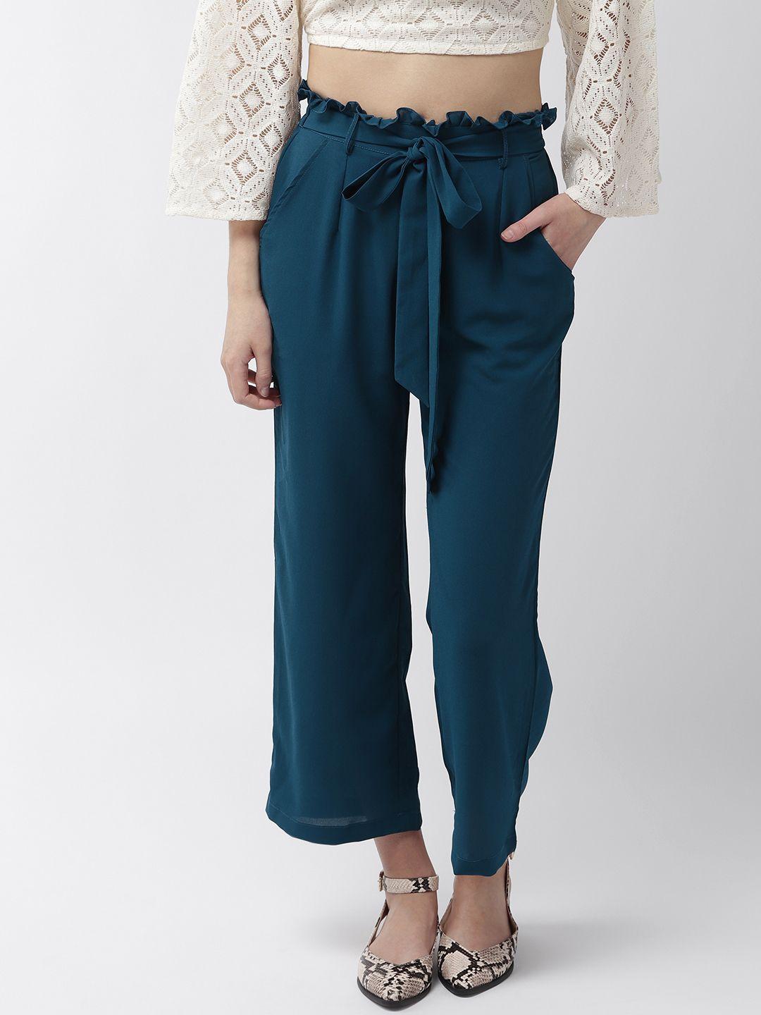 mish women teal blue comfort flared solid parallel trousers
