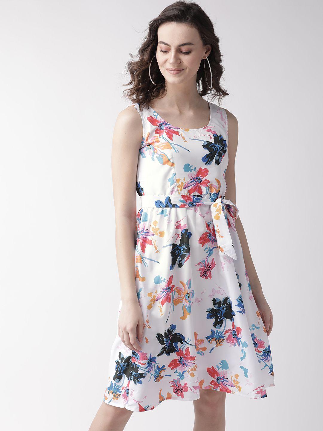 mish women white & blue floral print fit and flare dress