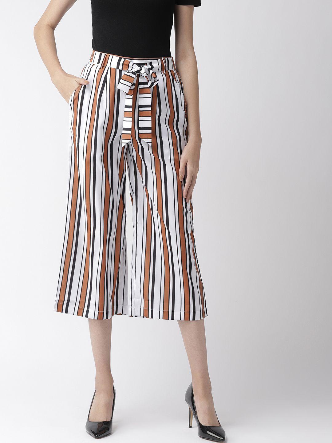 mish women white & brown comfort loose fit striped culottes