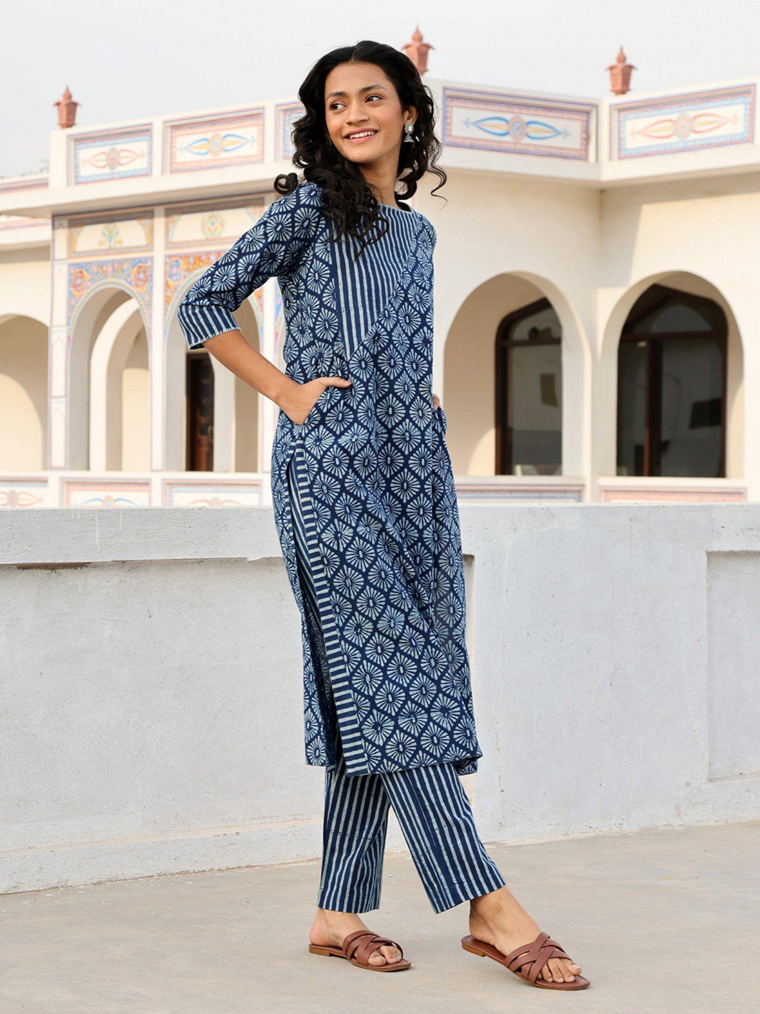 mishmash hand embroidered hand block printed pure cotton kurta