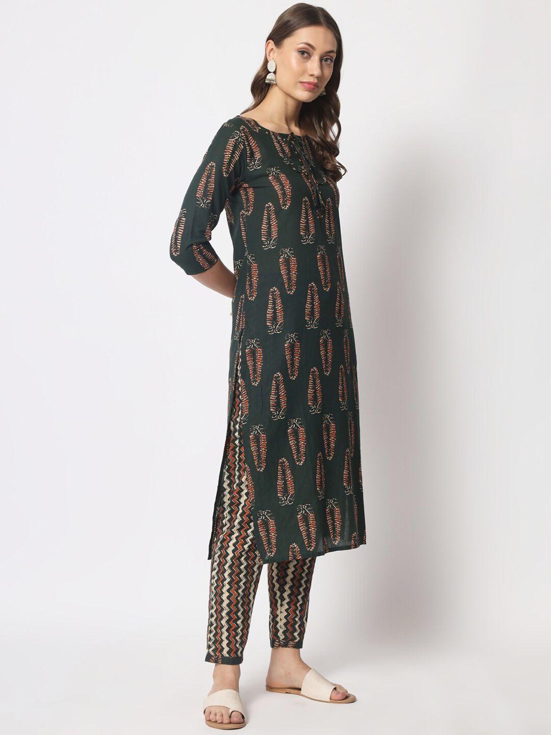 mishpra ethnic motifs printed sequinned pure cotton kurta with trousers & dupatta