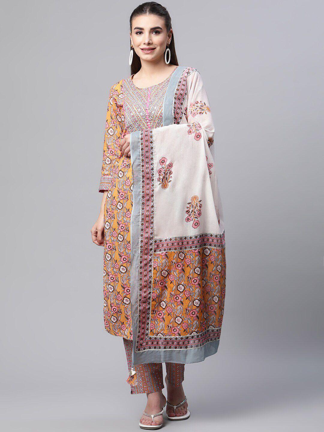 mishpra floral printed gotta patti pure cotton kurta with trousers & dupatta