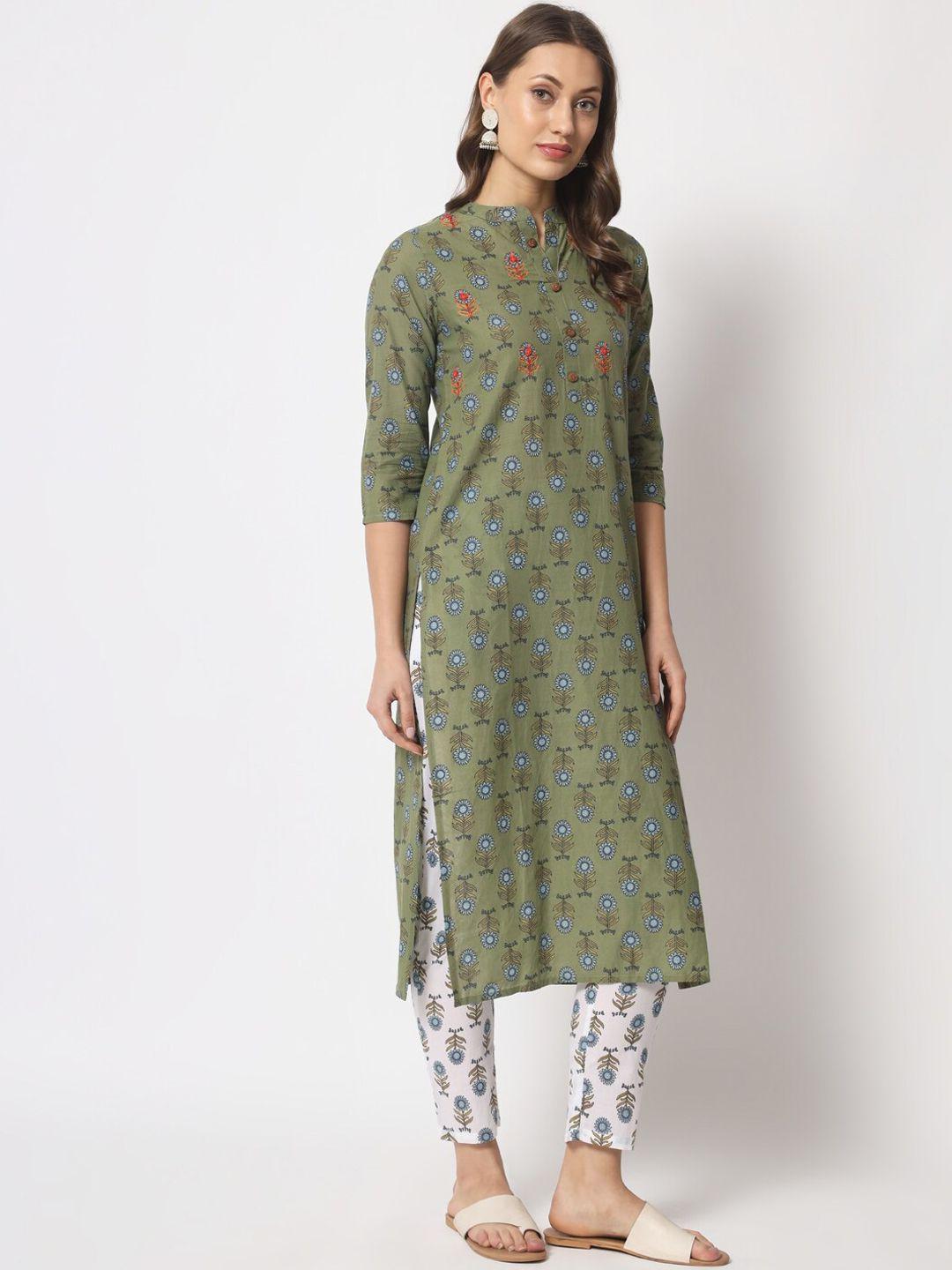 mishpra floral printed thread work pure cotton kurta with trousers & dupatta