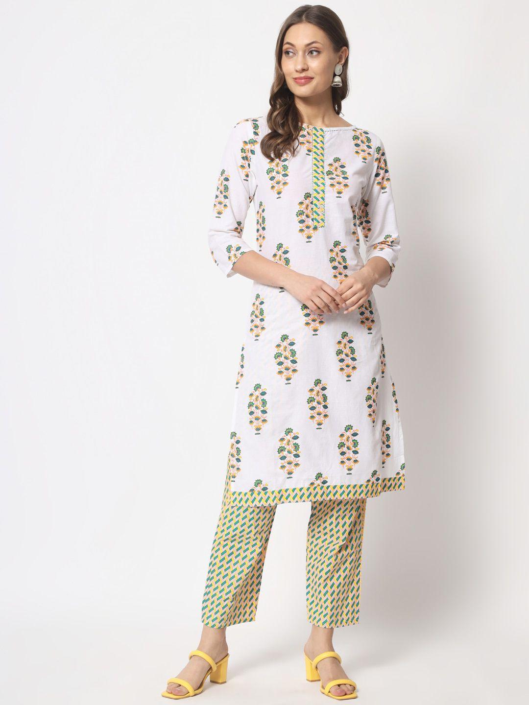 mishpra women floral printed boat neck pure cotton kurta with trousers