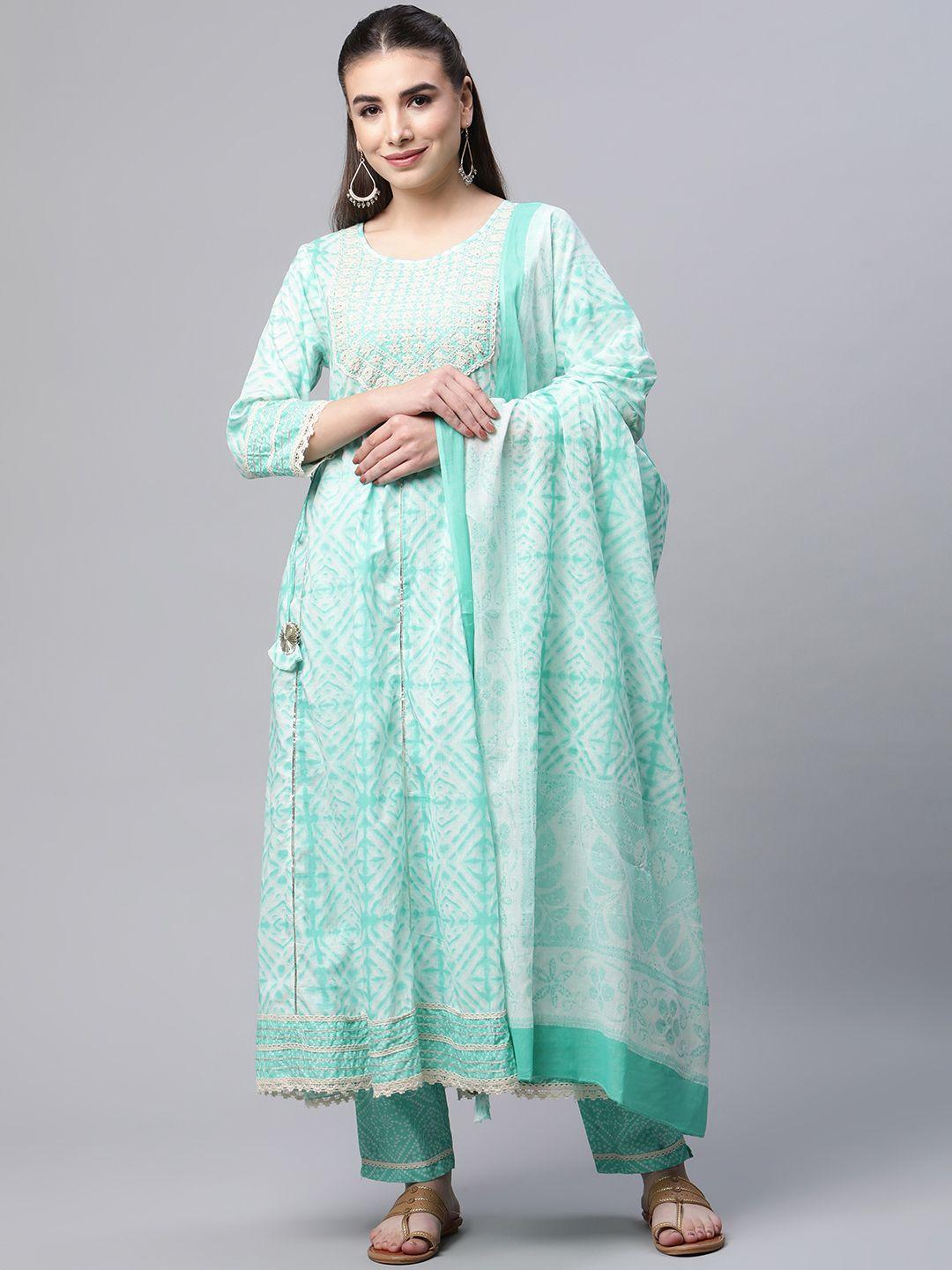 mishpra women green bandhani yoke design panelled gotta patti pure cotton kurta with trousers & with dupatta