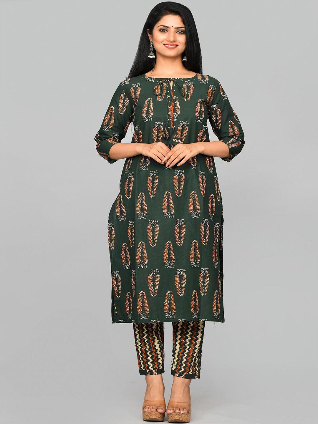 mishpra women printed pure cotton straight kurta with trousers & with dupatta