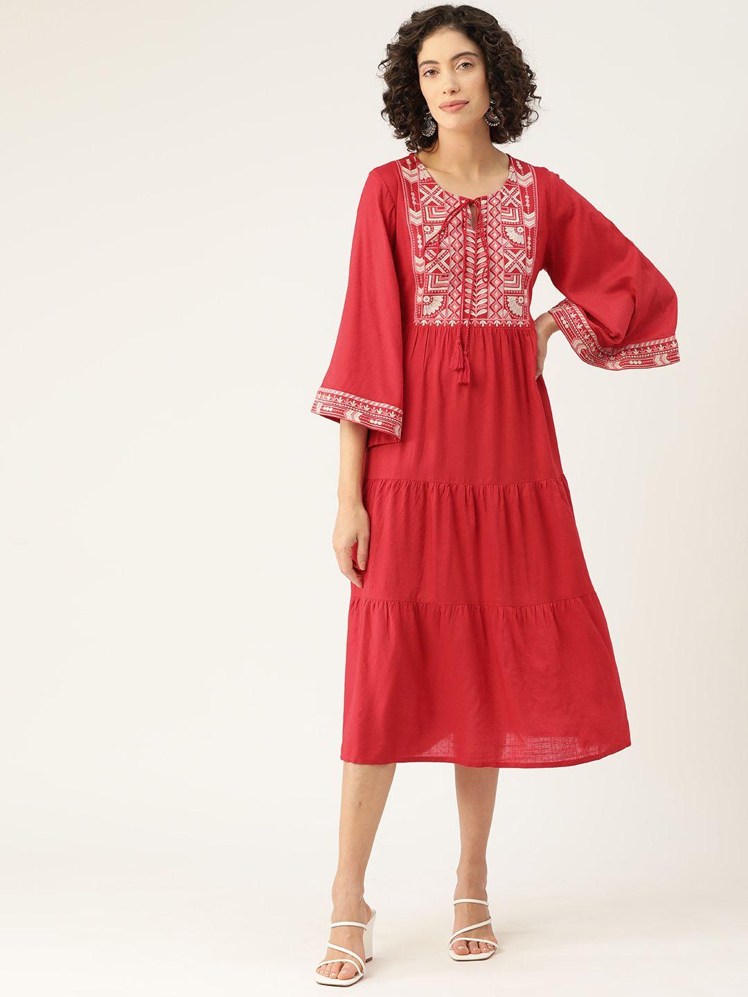 misri embroidered tie-up neck bell sleeve a-line midi dress