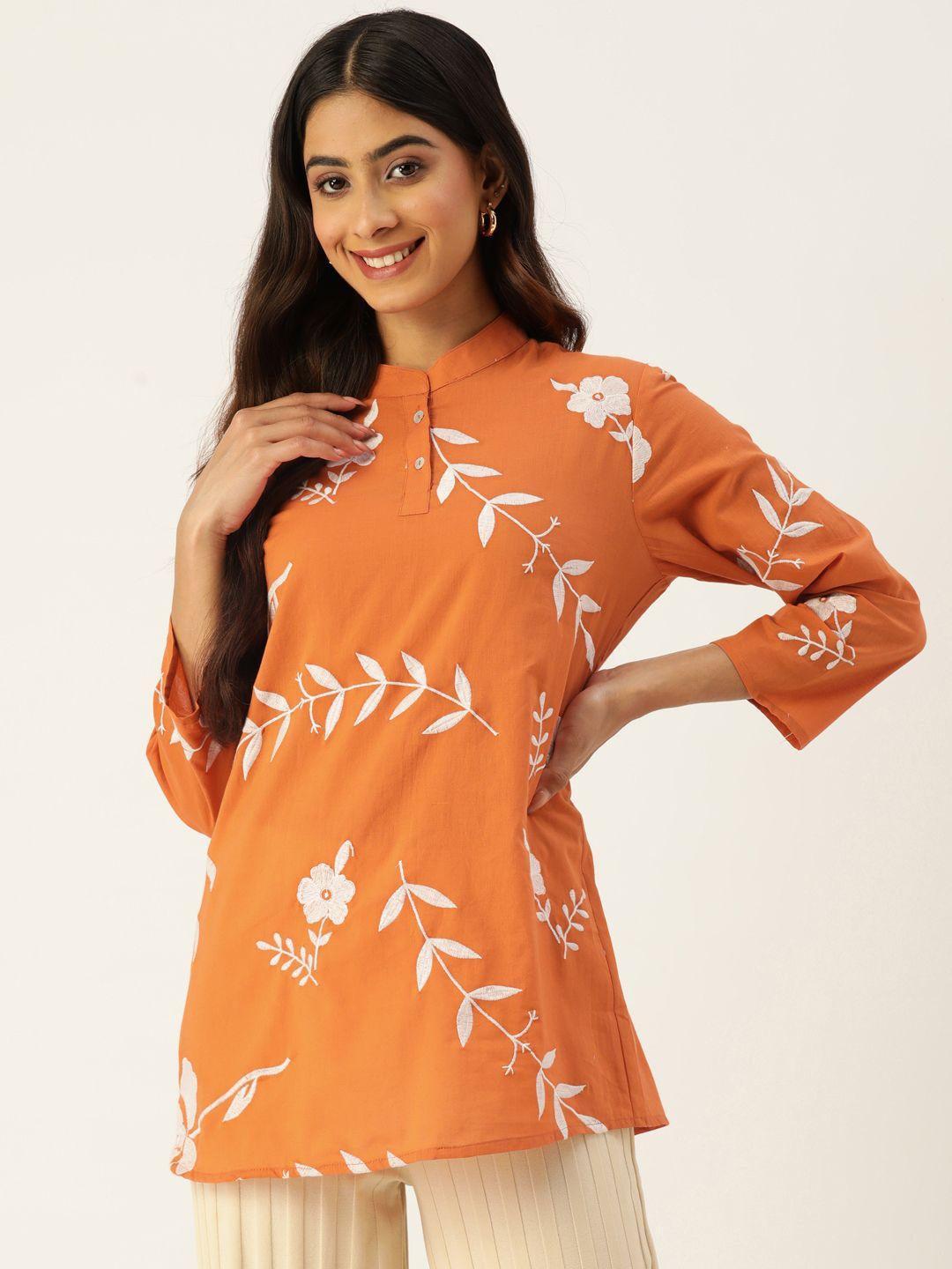misri floral embroidered mandarin collar cotton longline top