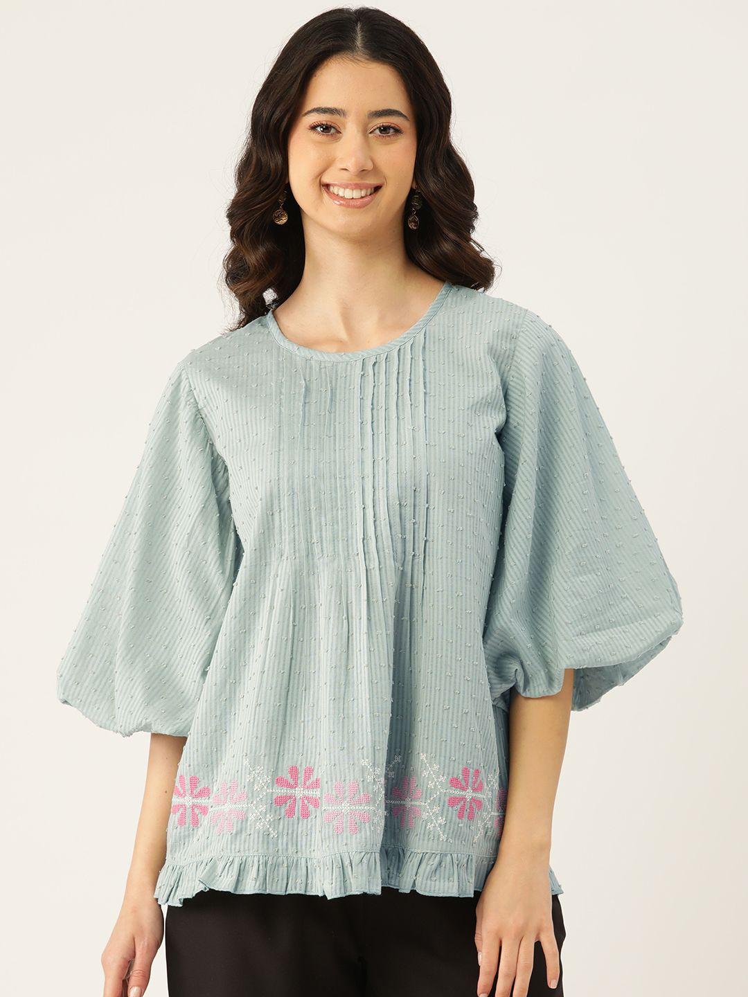 misri floral embroidered puff sleeve cotton top