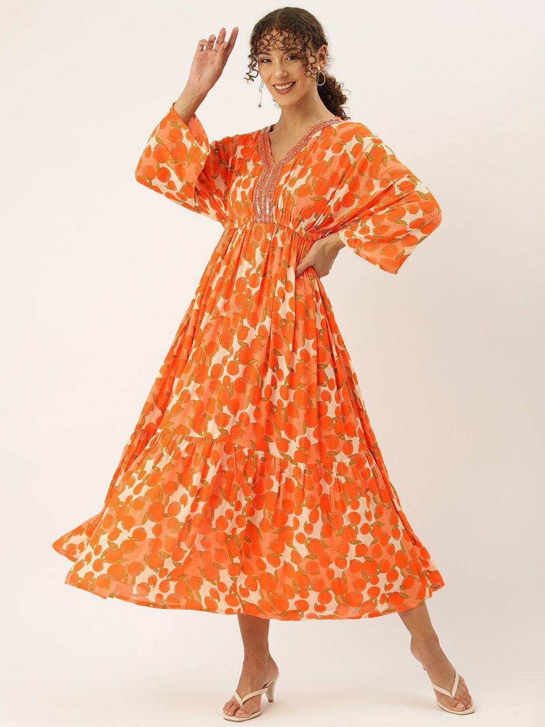 misri tropical print kimono sleeve a-line midi dress with inner
