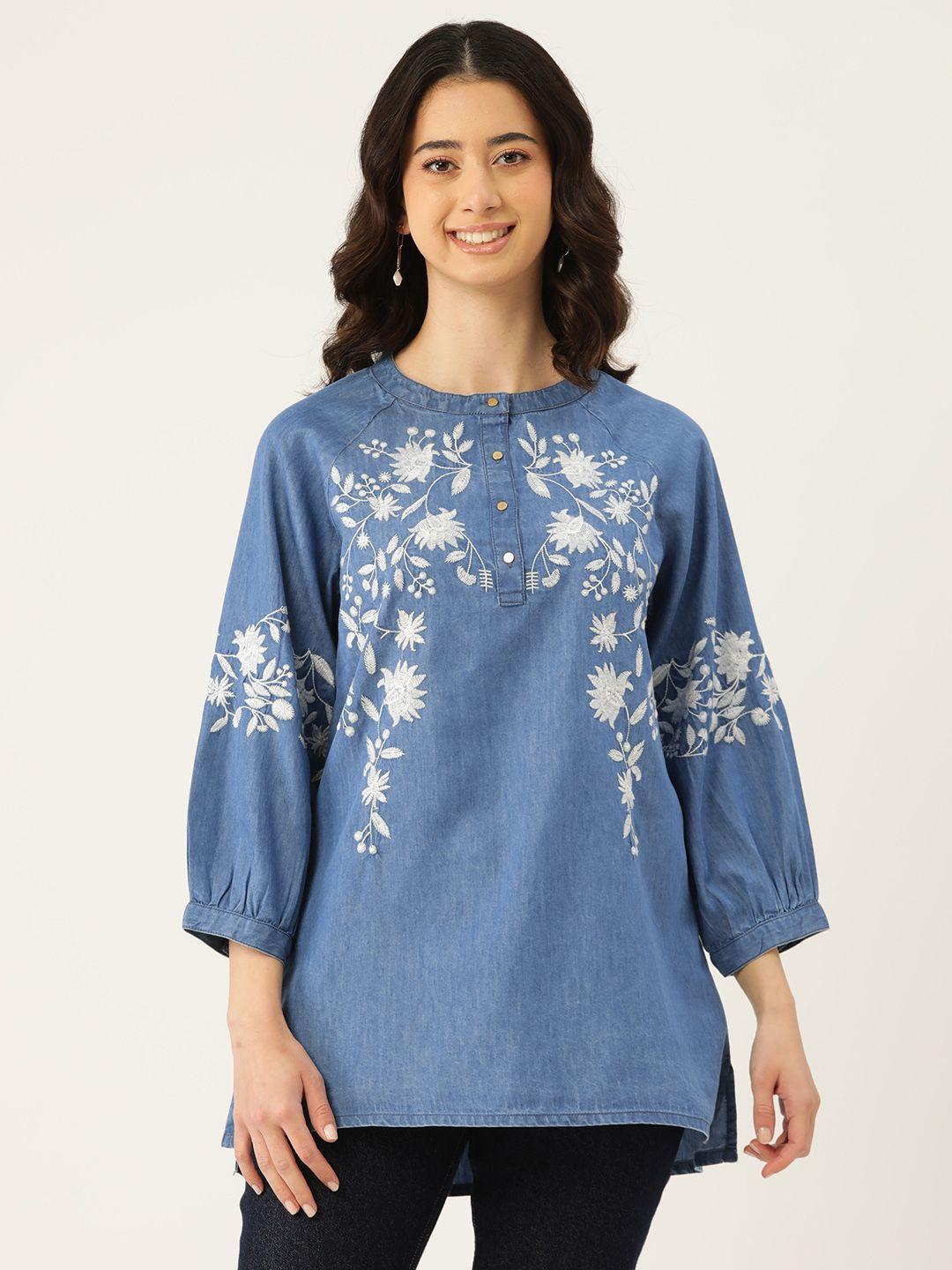 misri women floral embroidered cotton denim top