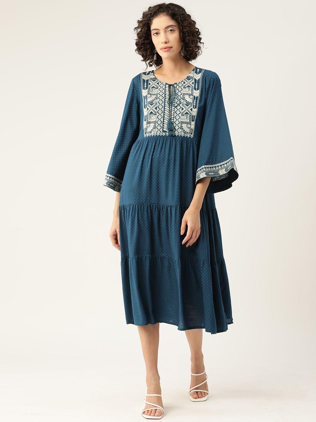 misri embroidered tie-up neck bell sleeve a-line midi dress