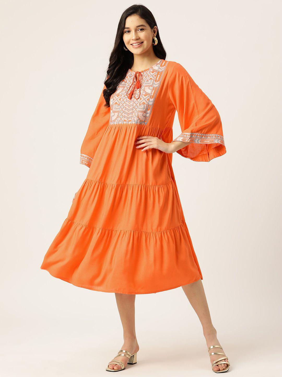 misri embroidered tie-up neck flared sleeves a-line midi dress