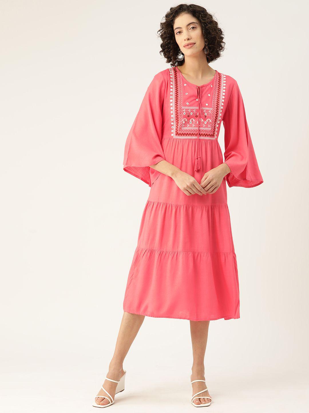 misri ethnic motifs embroidered tie-up neck bell sleeve a-line midi dress