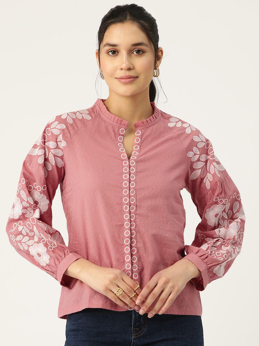 misri floral embroidered mandarin collar puff sleeves cotton top