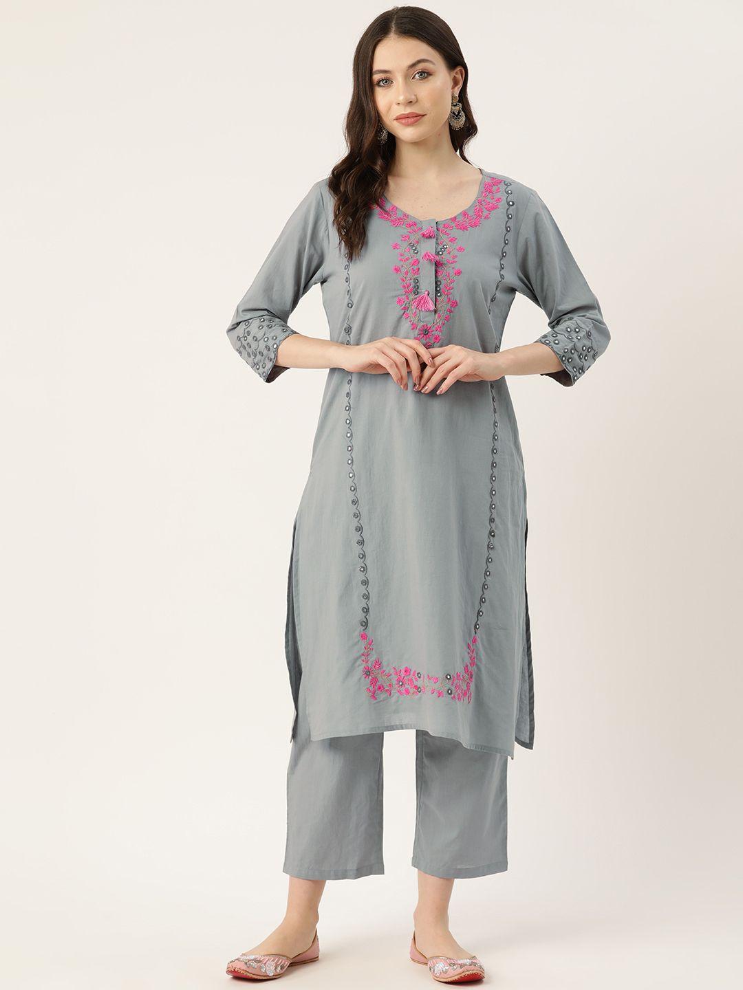 misri floral embroidered regular mirror work pure cotton kurta with trousers