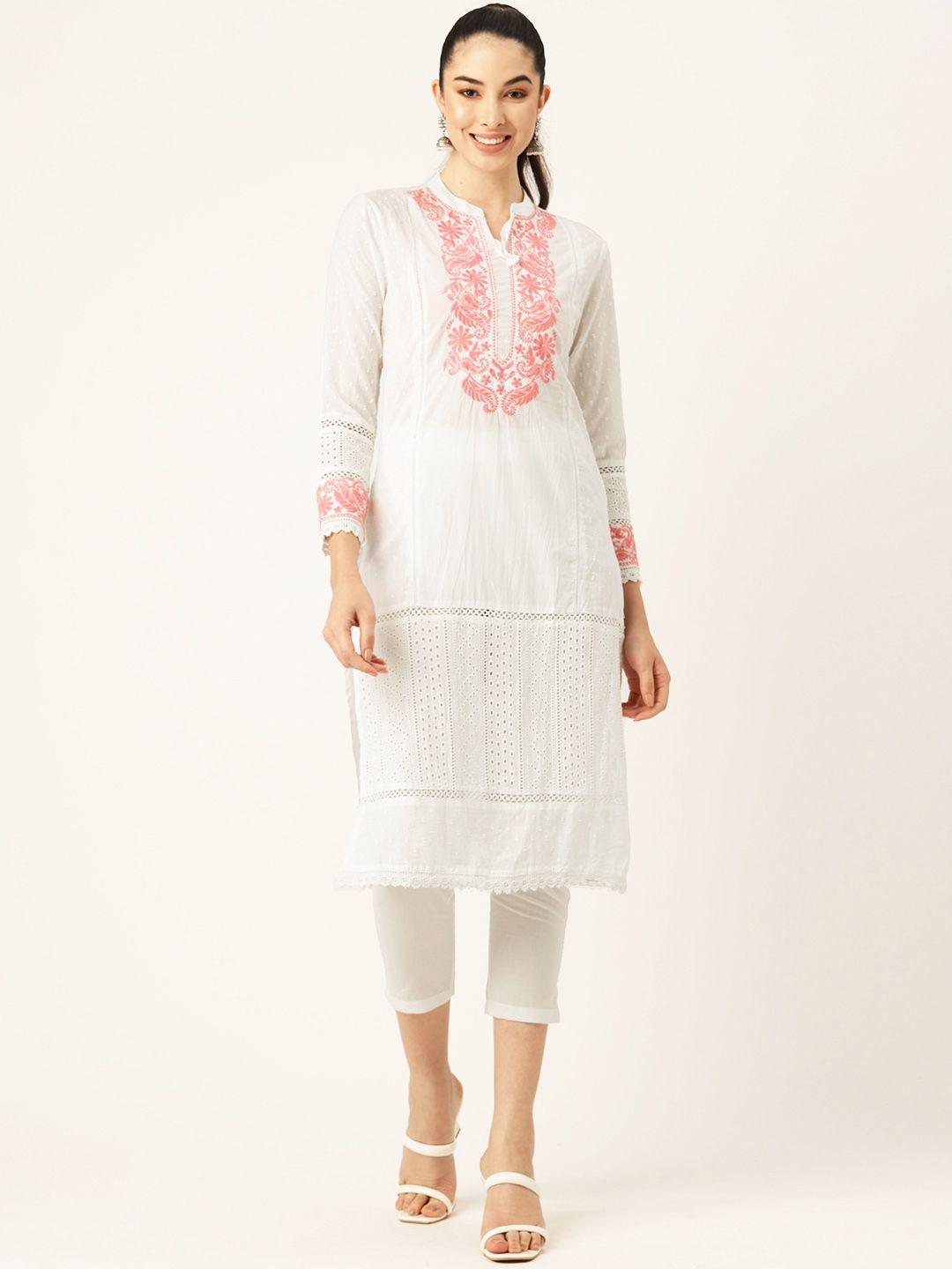 misri floral embroidered regular thread work pure cotton kurta with trousers