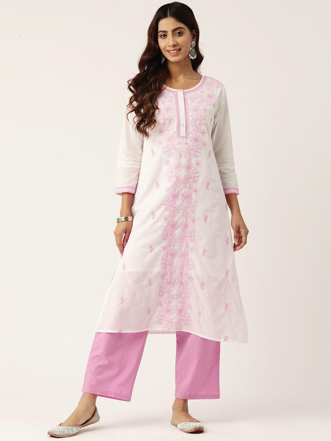 misri floral embroidered regular thread work pure cotton kurta with trousers