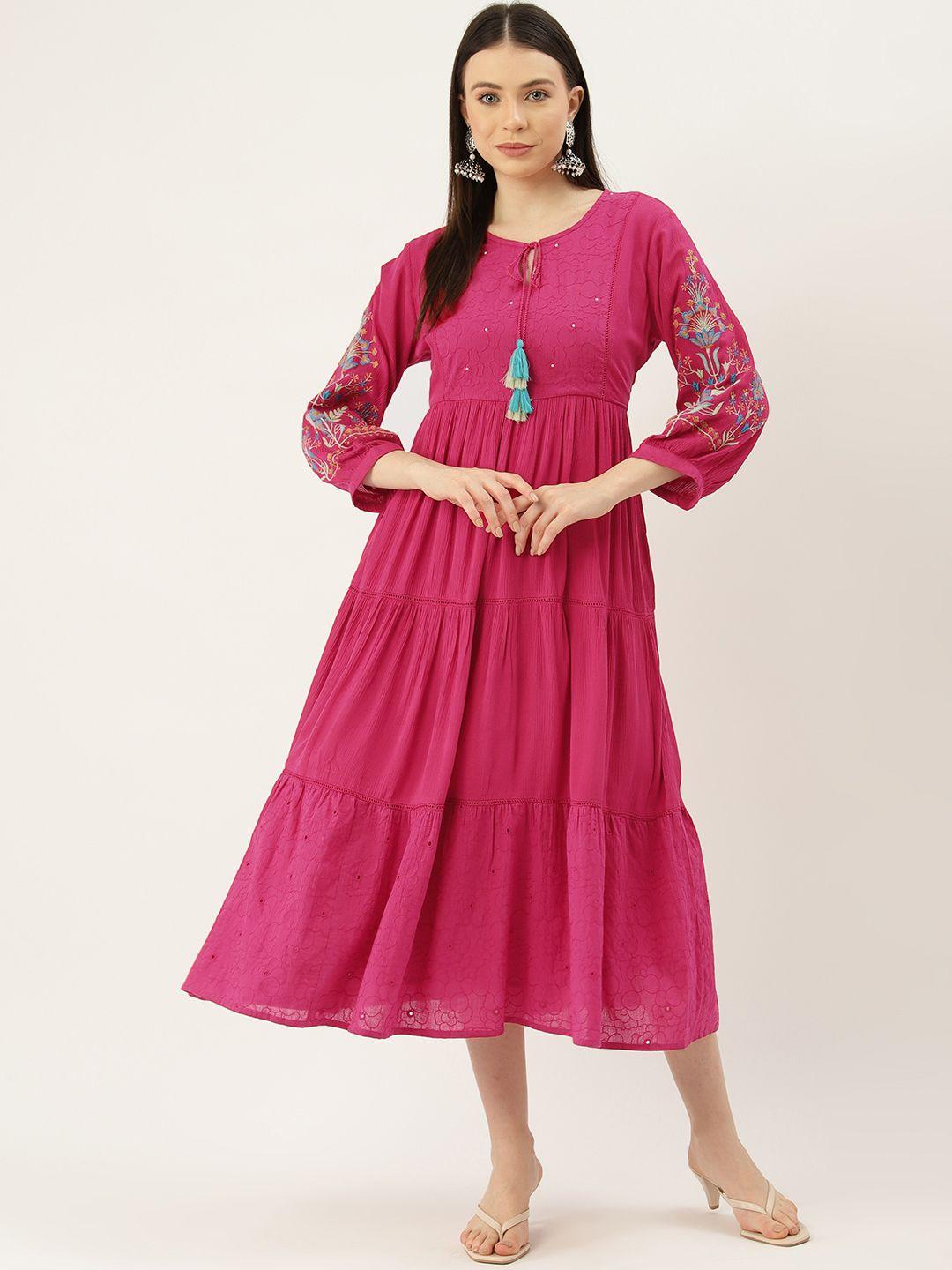 misri floral embroidered tie-up neck puff sleeve a-line midi dress