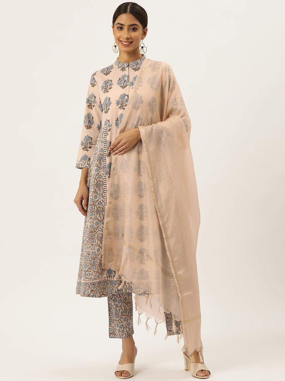 misri floral printed pleated pure cotton kurta with trousers & dupatta