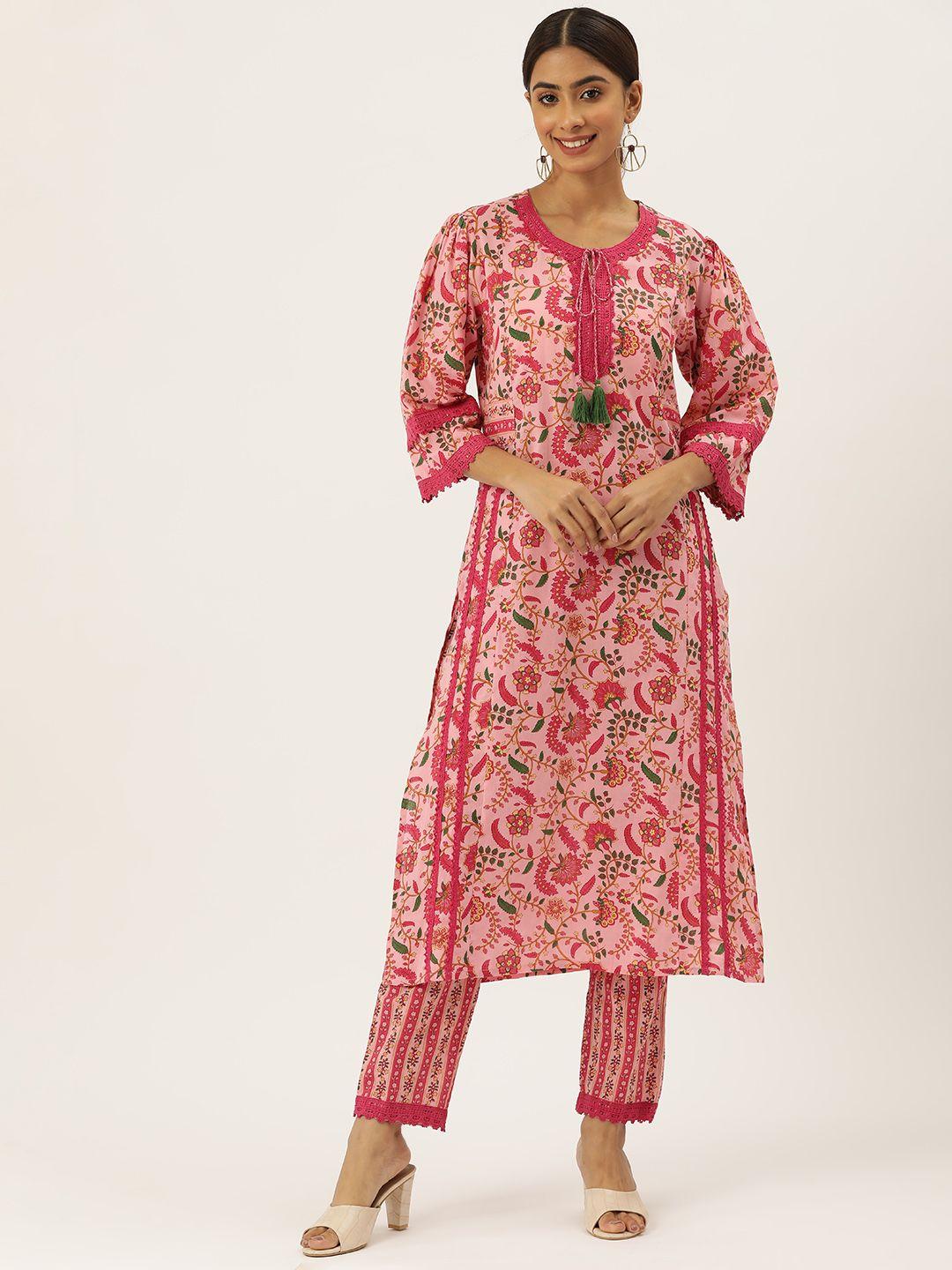 misri floral printed tie-up neck sequinned pure cotton kurta with trousers