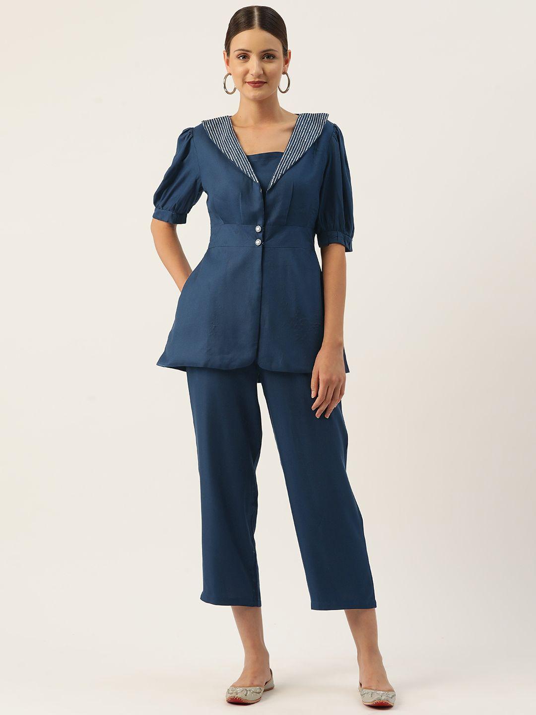 misri shoulder straps crop blouson top with trousers & blazer